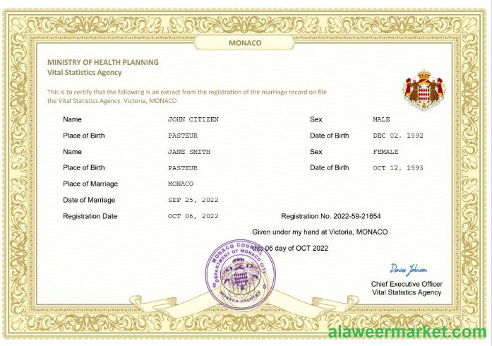 Monaco marriage certificate Word and PDF template